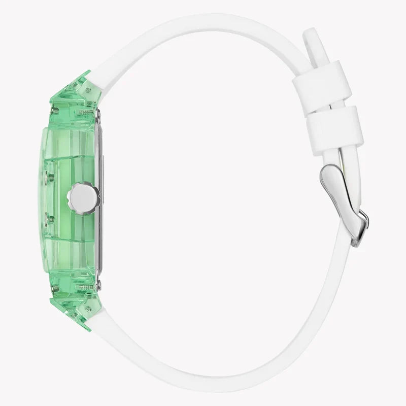 Guess Phoenix GW0499G10 watch side view showing green case and white rubber strap