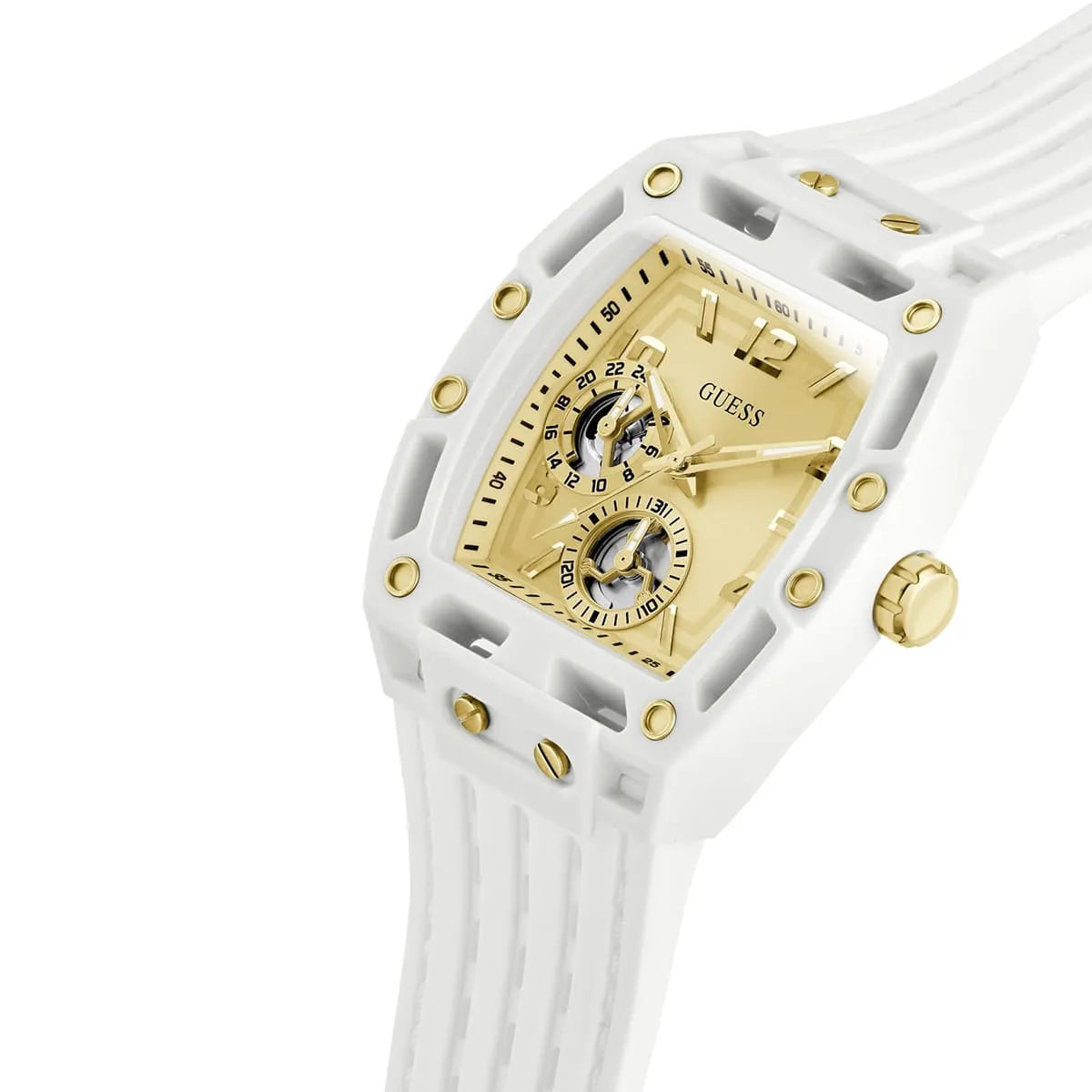 Guess Phoenix watch angled view showing white silicone strap and case profile