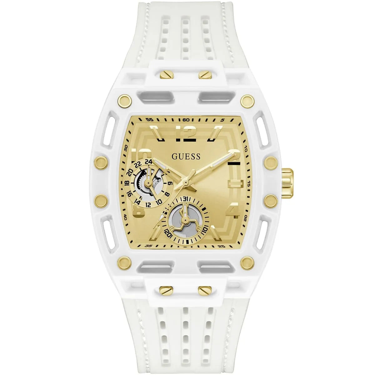 Guess Phoenix men's watch square gold dial with moon phase and subdial complications