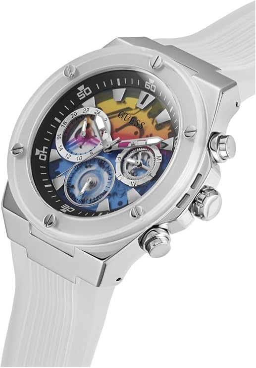 Angled view of Guess Poseidon watch featuring colorful rainbow dial and white case