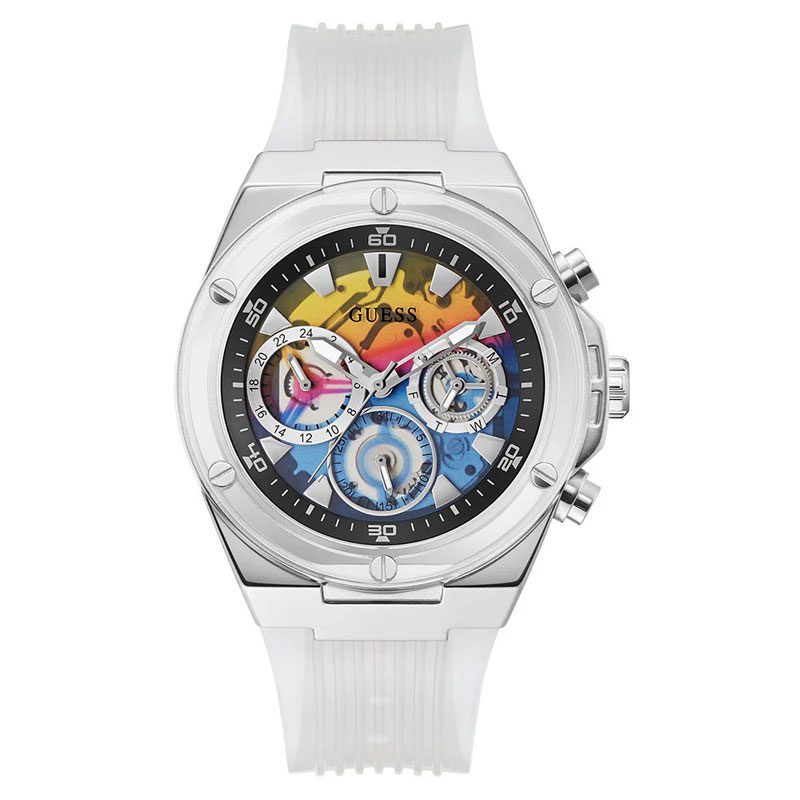 Guess Poseidon chronograph watch with rainbow dial and white silicone strap