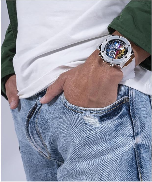 Guess Poseidon chronograph watch worn on wrist with rainbow dial visible