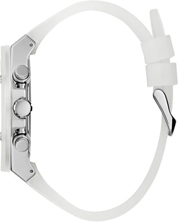 Side view of Guess Poseidon watch with white strap and pushers visible