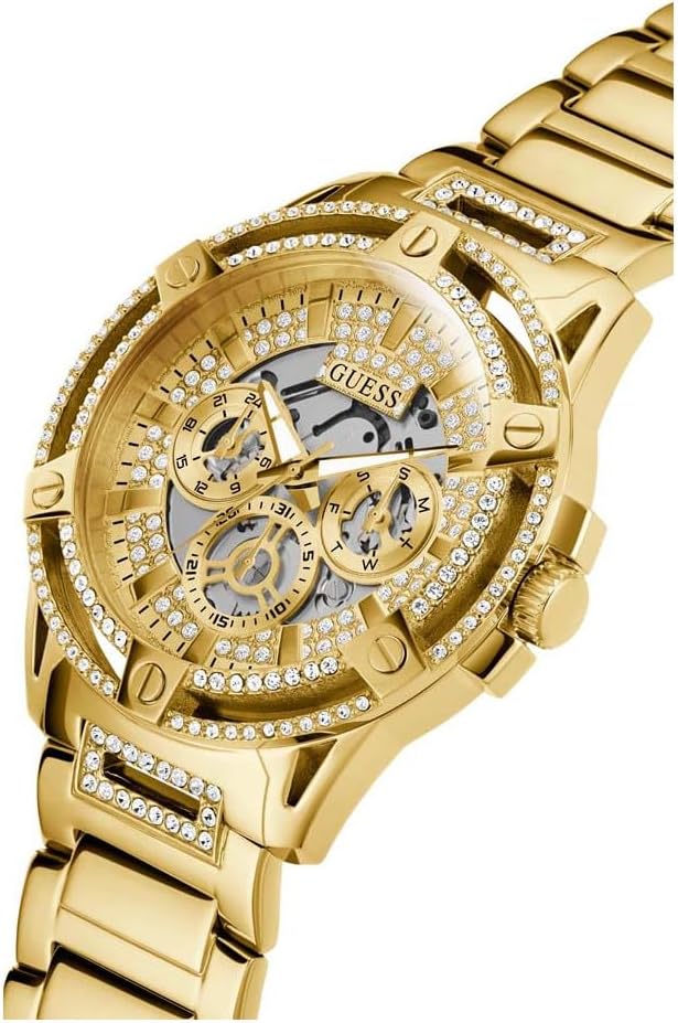 Guess Queen gold watch angled view with skeleton dial and diamond-set bezel