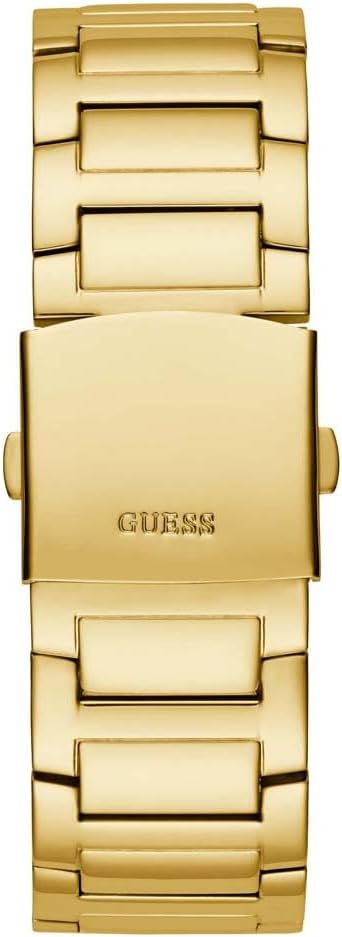 Guess Queen gold bracelet and caseback detail with engraved Guess logo