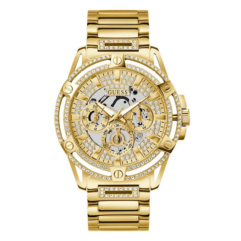 Guess Queen gold men's watch with crystal-set bezel and skeleton dial