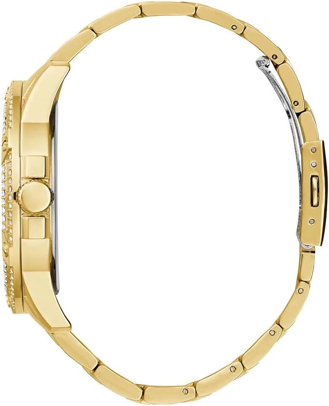 Guess Queen gold watch side profile showing crystal bezel and link bracelet