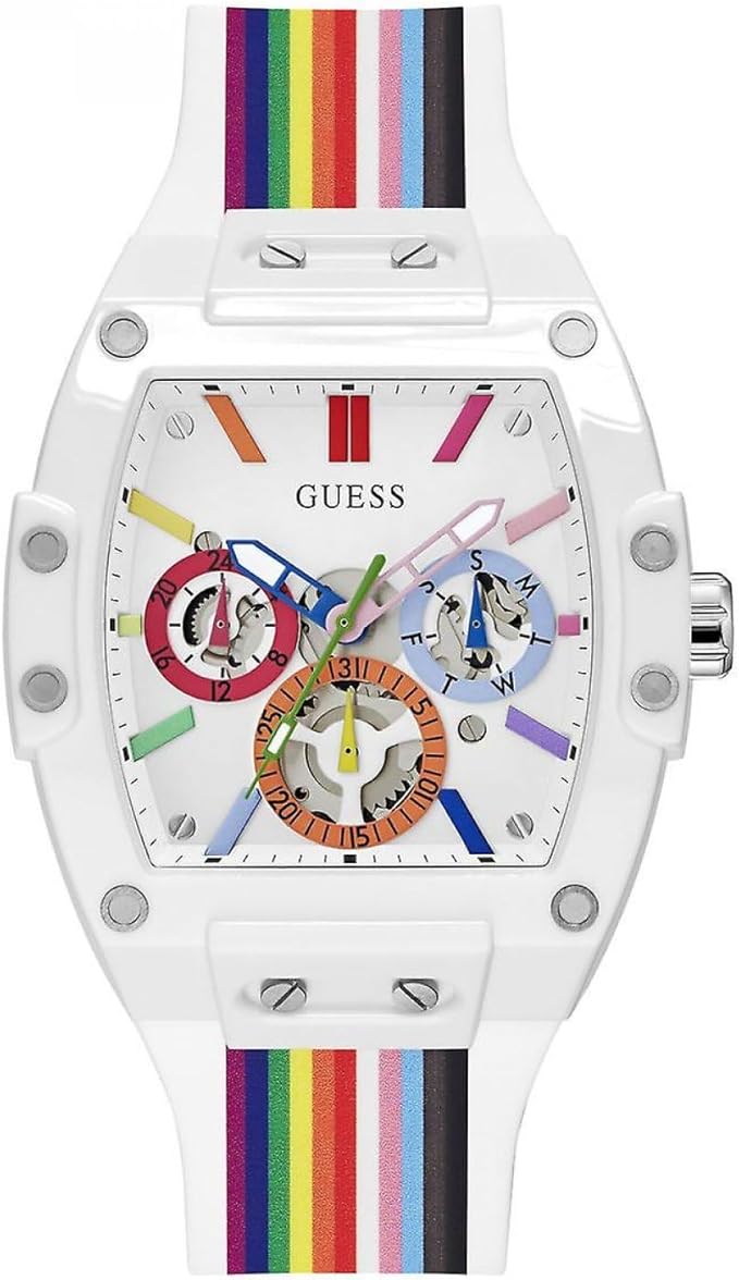 Guess Rainbow Silicone White Polycarbonate Unisex Watch with colorful strap and artistic dial
