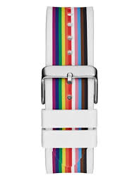 Rainbow striped silicone strap with white polycarbonate buckle and case attachment