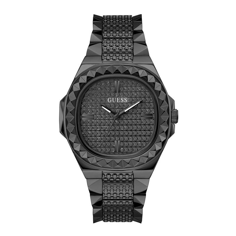 Guess Rebel men's watch with black pyramid-studded case, textured dial, and metal bracelet