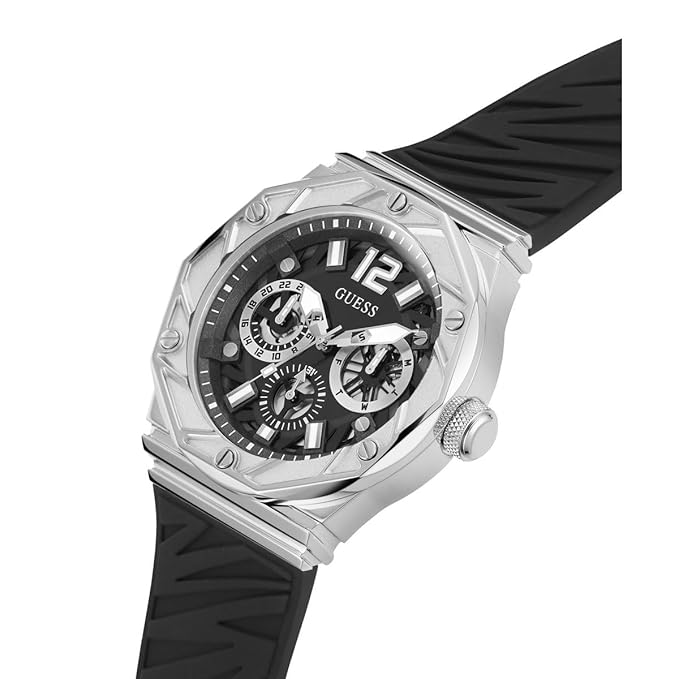 Angled view of Guess Rival watch with multi-subdial chronograph dial and black rubber strap