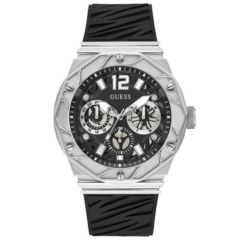 Guess Rival men's quartz watch with black dial, multi-subdial chronograph, and silver-tone case