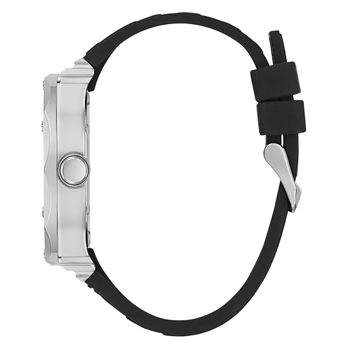 Side view of Guess Rival watch showing silver-tone case profile and black rubber strap