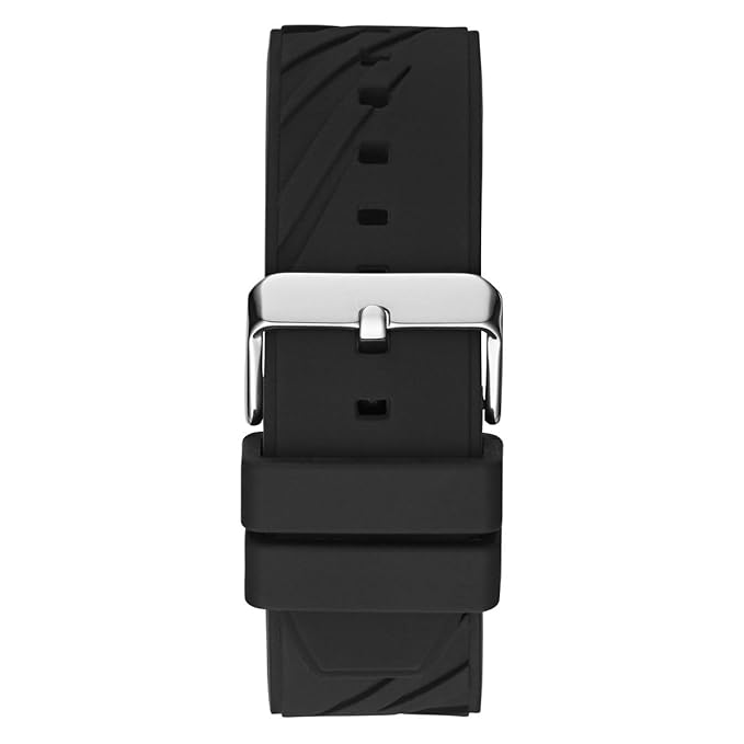 Close-up of Guess Rival black rubber textured strap with silver-tone buckle