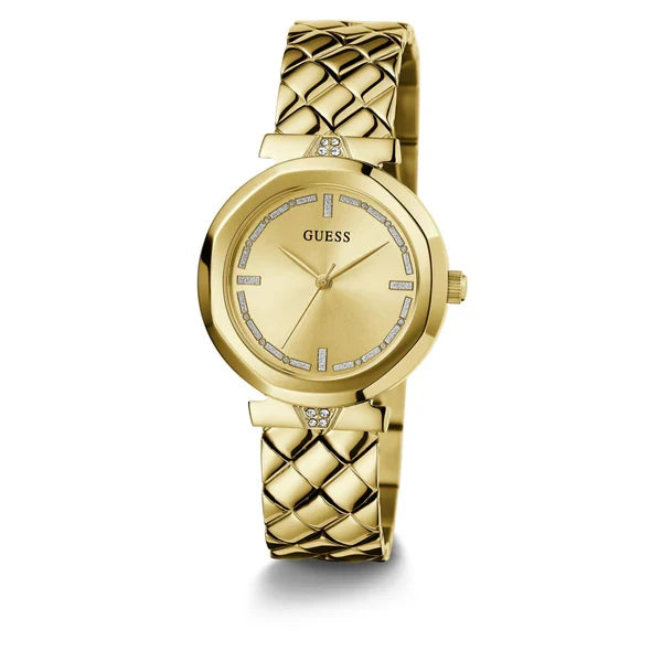 Guess Rumour women's watch at angle showing quilted gold strap detail