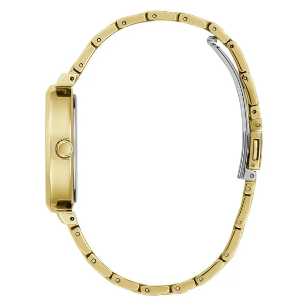 Guess Rumour watch dial detail showing crystal markers and gold face