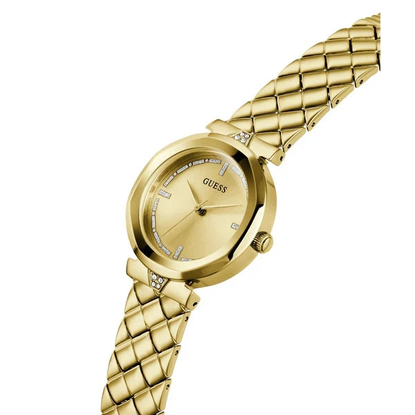 Guess Rumour women's watch side view with quilted gold steel strap
