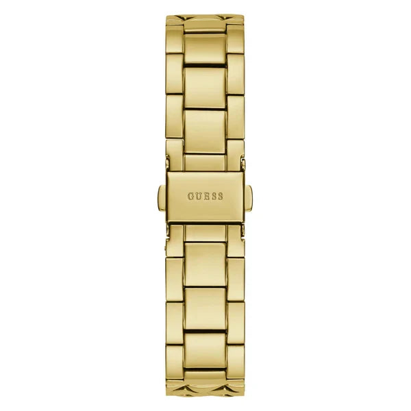 Guess Rumour gold steel strap with rectangular links and engraved clasp