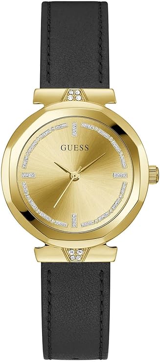 Guess Rumour gold-tone women's quartz watch with champagne dial and black leather strap