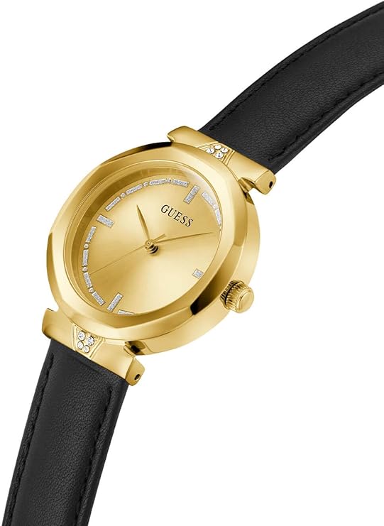 Guess Rumour watch on wrist showing gold case with black leather band