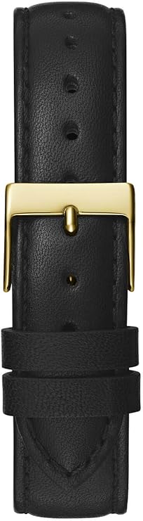 Black leather strap with gold-tone buckle and logo detail on Guess Rumour watch