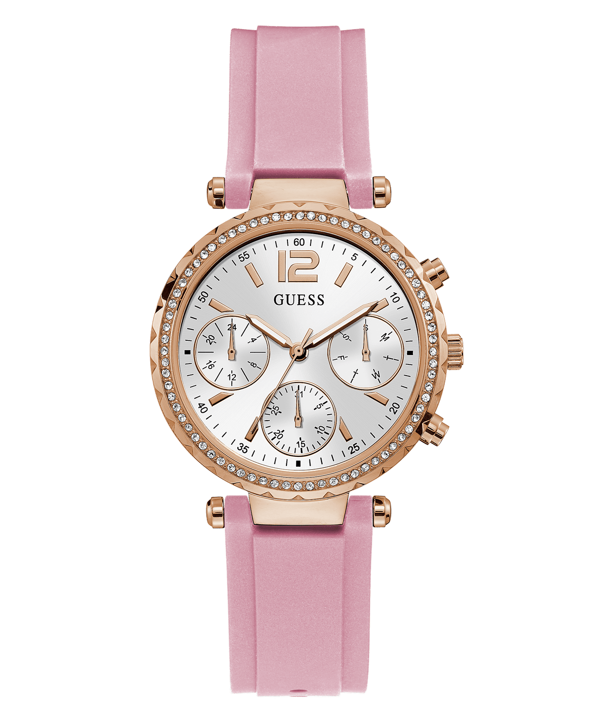Guess Solstice rose gold chronograph watch with white dial and pink silicone strap