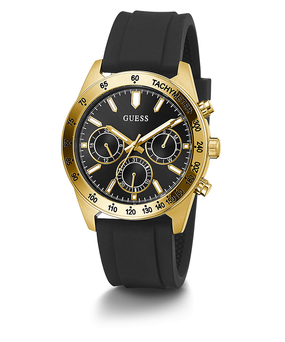 Guess Sport gold-tone chronograph watch with black dial and black silicone strap