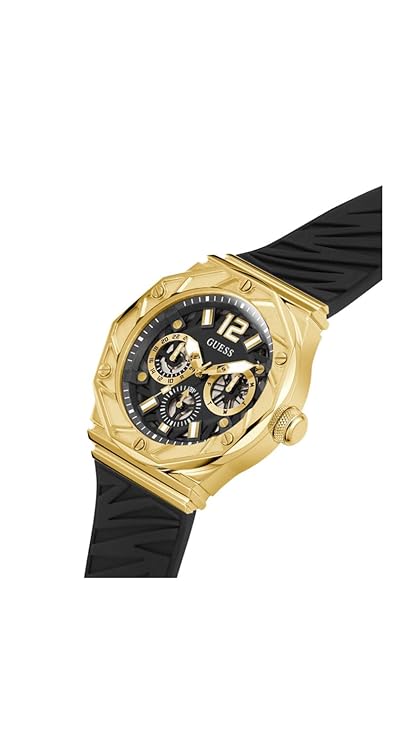 GUESS Sport Rival gold-tone multifunction watch with black dial worn on wrist view