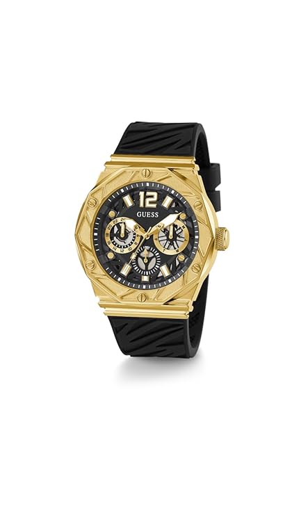 GUESS Sport Rival gold-tone men's multifunction analogue watch with black textured strap