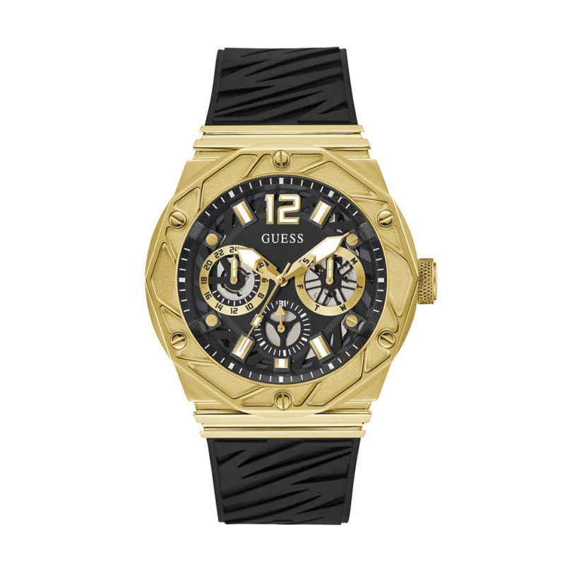 GUESS Sport Rival gold-tone men's watch with black dial, multifunction subdials and black textured strap