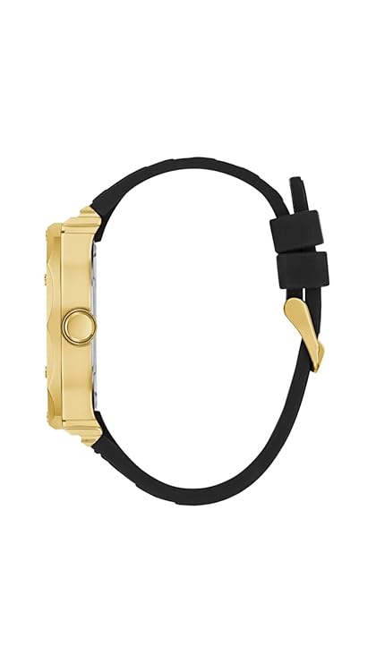 GUESS Sport Rival watch shown side view with gold-tone case and black rubber strap