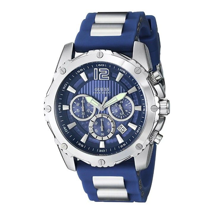 Guess Sport men's chronograph watch with blue silicone strap and silver case on white background