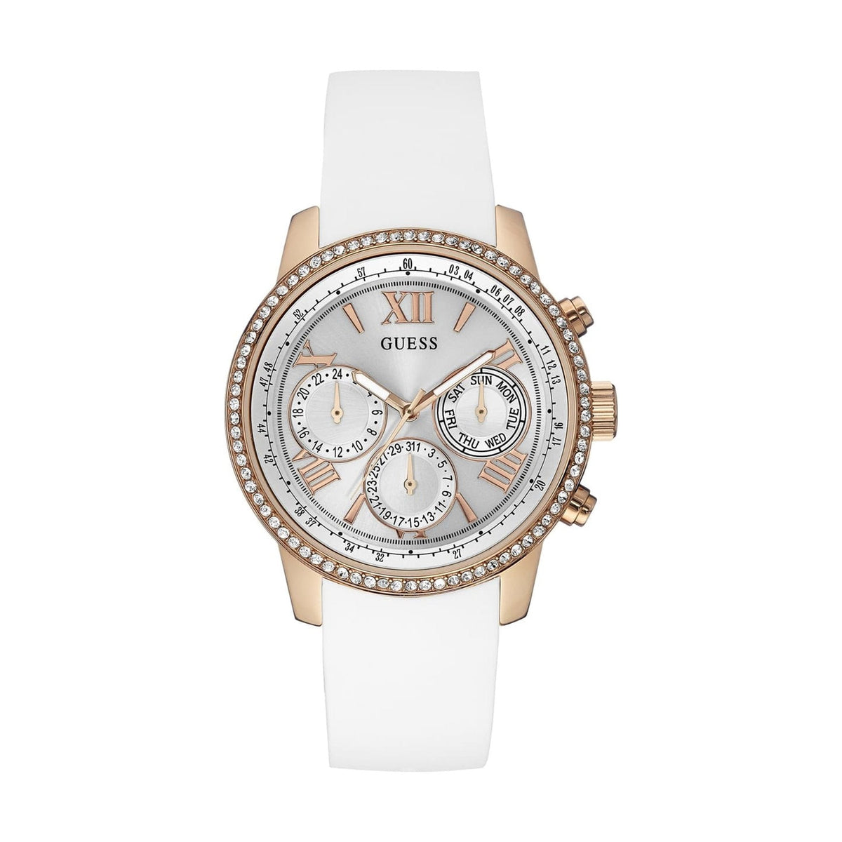 Guess Sport rose gold women's chronograph watch with white silicone strap and crystal-set bezel