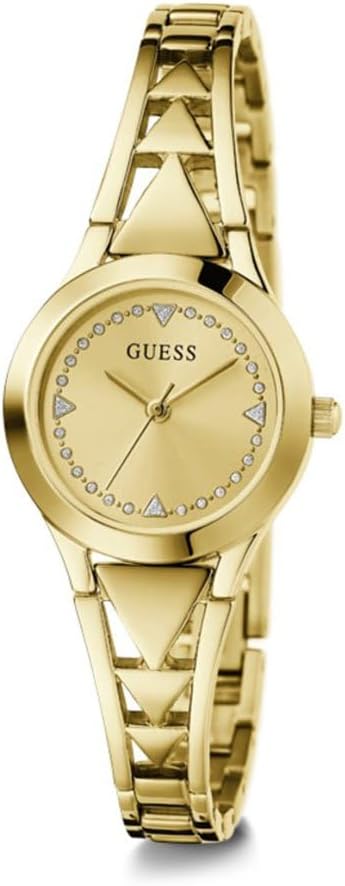 Guess Tessa gold watch at angle showing dial and bracelet design