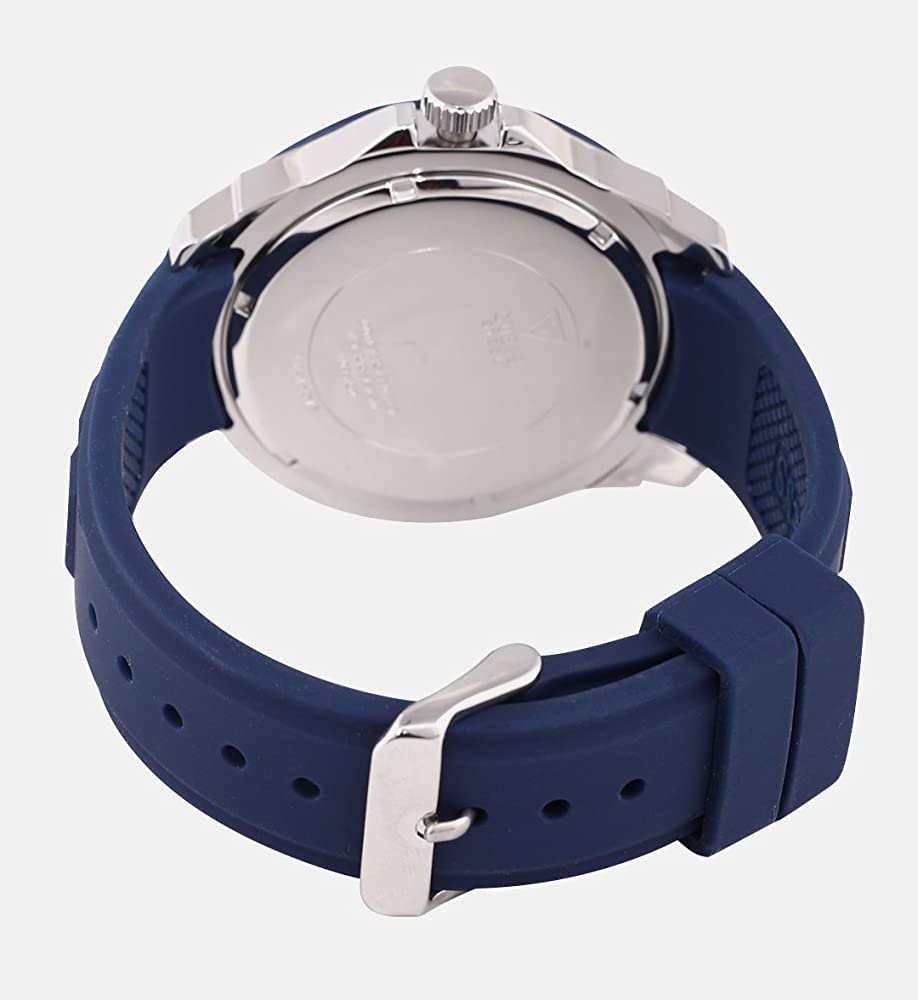 Guess Trade watch caseback showing stainless steel case back and blue strap