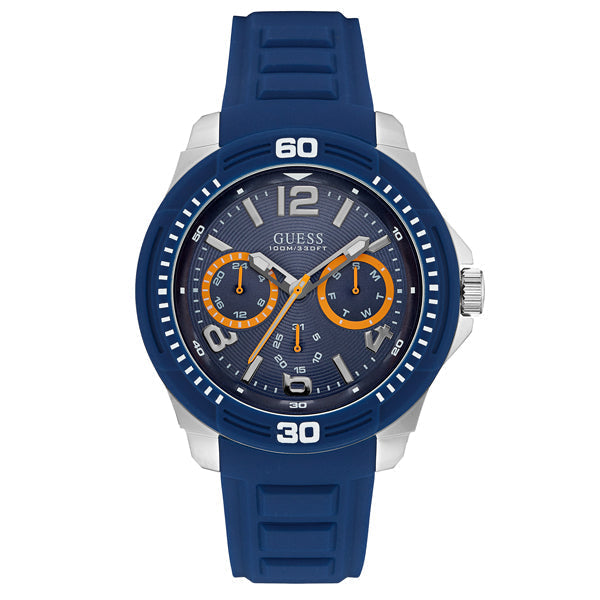 Guess Trade men's watch with blue silicone strap, chronograph dial with orange accents