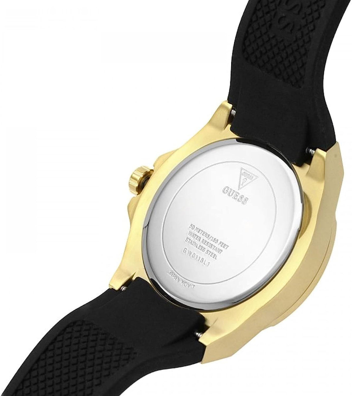 Guess Venus watch caseback showing white dial with Guess branding on black strap