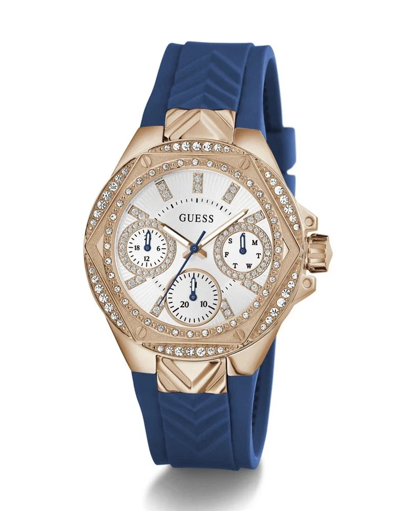 Guess Venus women's chronograph watch with diamond-set bezel and blue strap