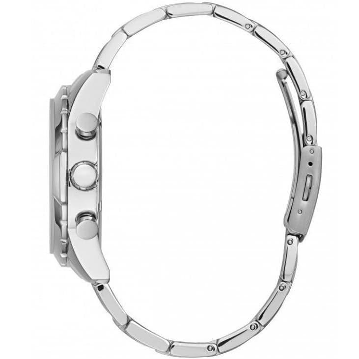 Side view of Guess chronograph watch showing polished silver case and chronograph pushers