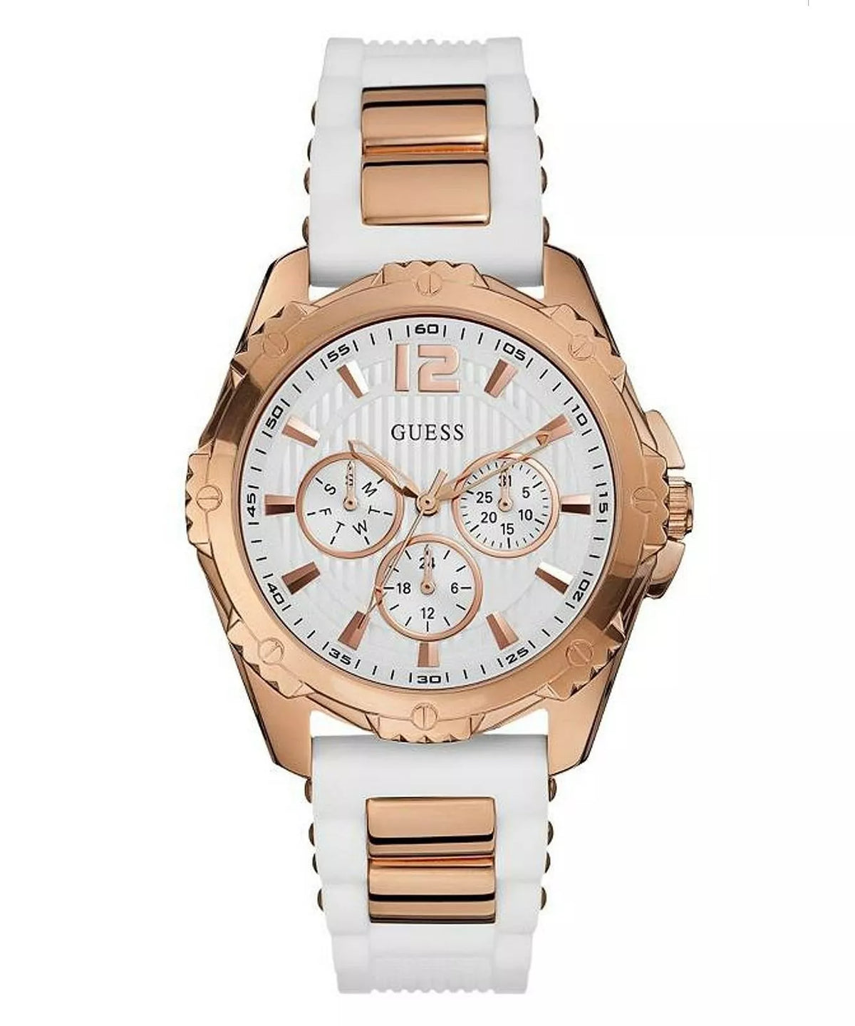 Guess Rose Gold Case White Dial Silicone Strap Multi function Women's Watch - W0325L6