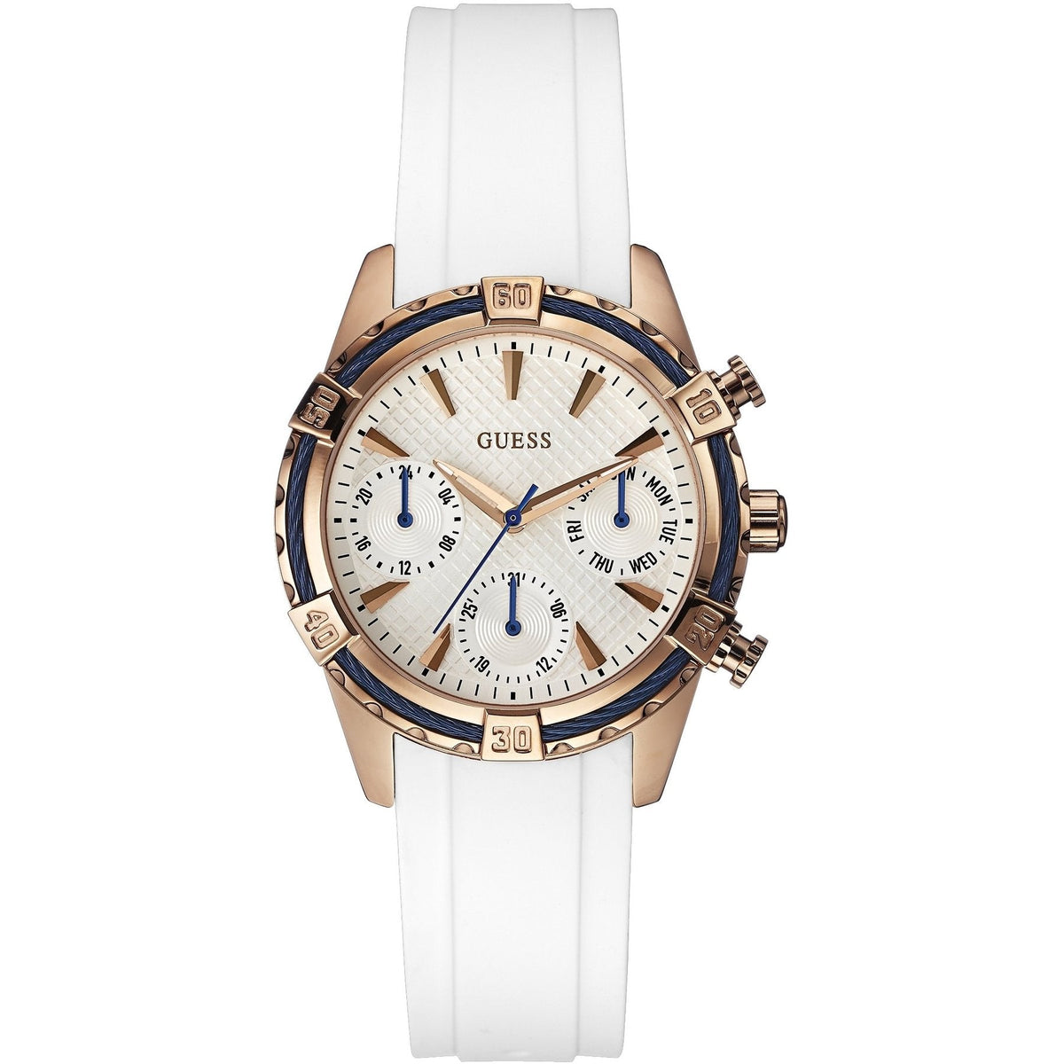 Guess W0562L1 ladies watch with white dial, rose gold case, and white rubber strap