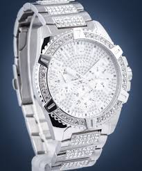 Guess silver chronograph watch angled view with diamond-encrusted case