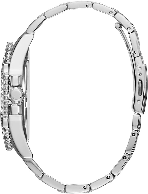 Guess chronograph watch side view showing stainless steel bracelet
