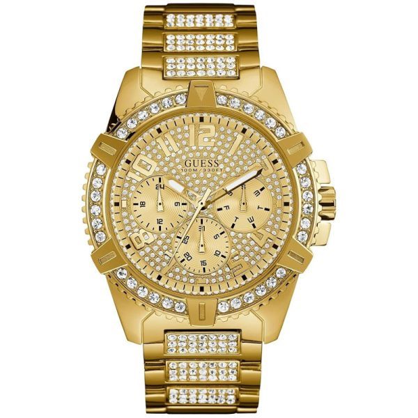 GUESS W0799G2 gold chronograph watch with crystal-embellished dial and bezel, front view