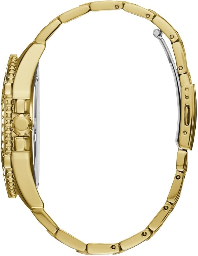 GUESS W0799G2 gold chronograph watch with crystal-adorned bracelet, side profile