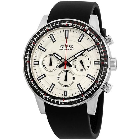 Guess men's watch with white dial, silver case, black silicon strap, and chronograph subdials