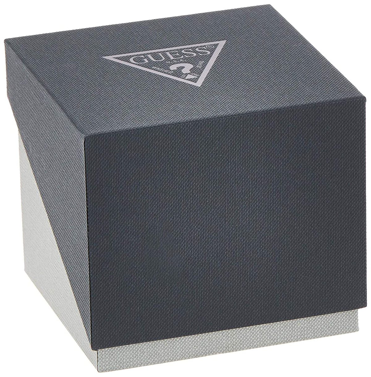 Guess branded watch box with triangle logo on dark gray packaging