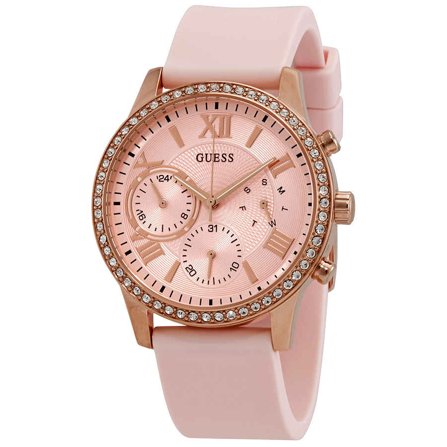 Guess Solar Quartz multifunction watch with rose gold case, crystal-set bezel, and pink dial