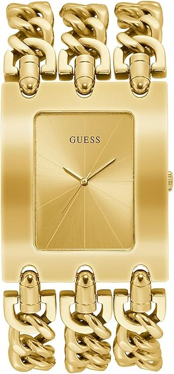Guess W1274L2 gold quartz ladies watch with rectangular dial and twisted chain link bracelet