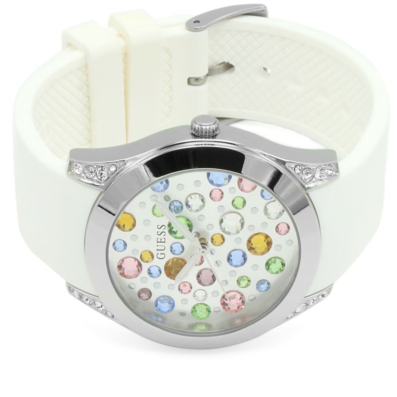 Guess Wanderlust Crystals Silver Dial White Rubber Strap Women Watch - W1059L1